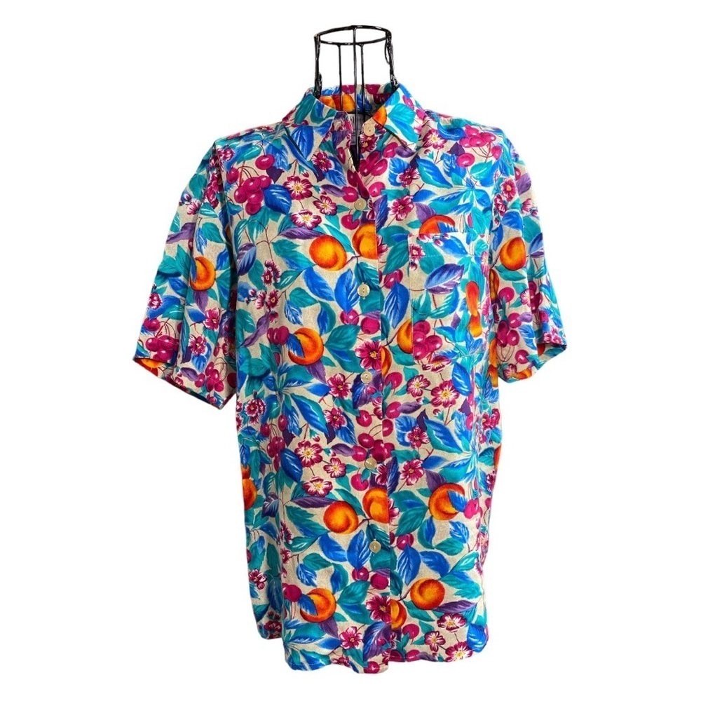 Vintage First FI Issue Fruit Floral Print Button-Down Shirt Blouse 90s Size XS